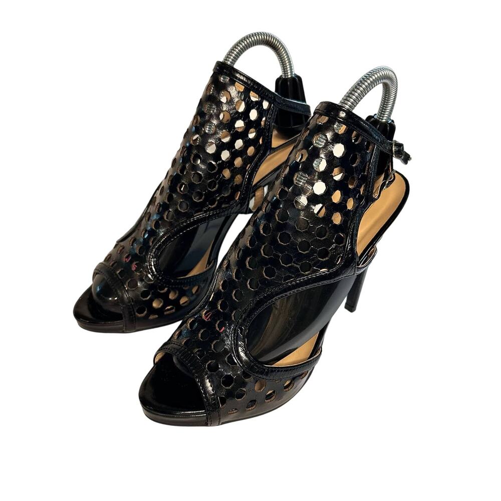 Adriana Shoes - Caged Pumps in Black Leather with Cross Strap Double Buckle